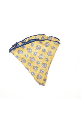 Mustard/Chambray Medallions/Floret Neat Print Silk Shappe Diamante Reversible Pocket Circle 