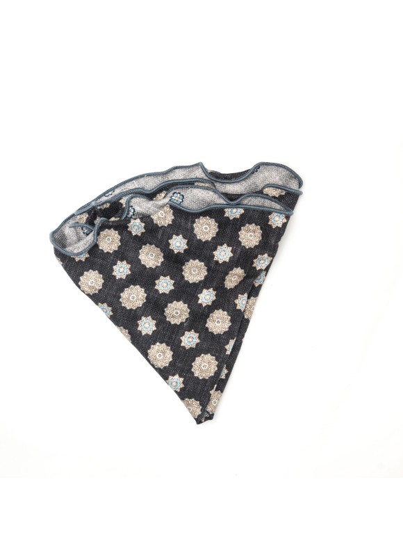 Black/Grey Medallions/Floret Neat Print Silk Shappe Diamante Reversible Pocket Circle