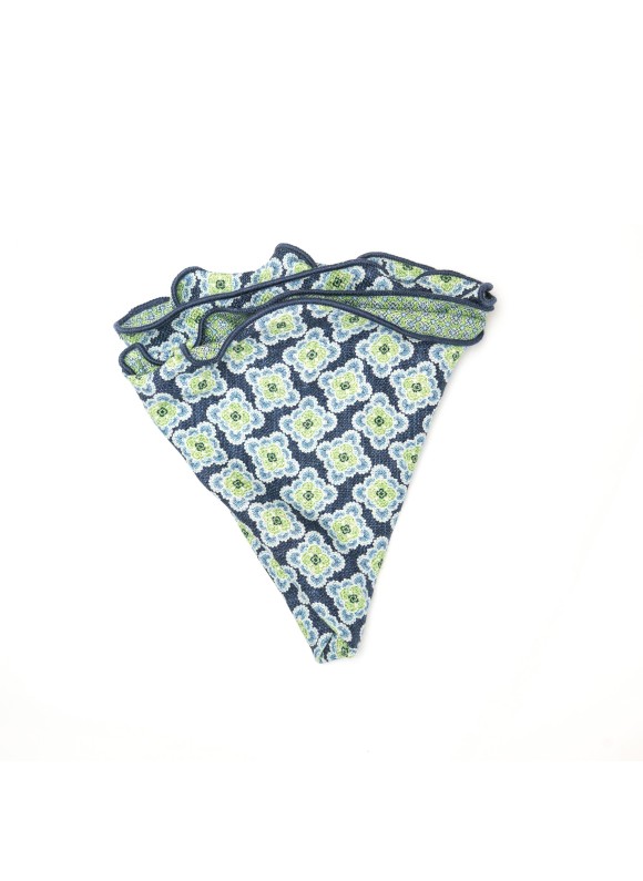 Navy/Spring Green Medallions/Links Neat Print Silk Shappe Diamante Reversible Pocket Circle