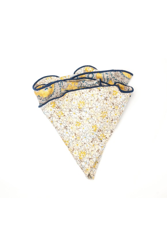 Yellow Blue Paisley/Floral Print Silk Shappe Diamante Reversible Pocket Circle