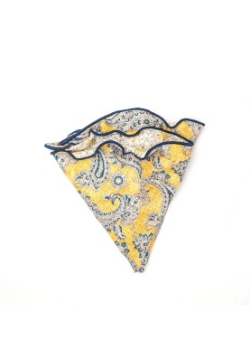 Yellow Blue Paisley/Floral Print Silk Shappe Diamante Reversible Pocket Circle 