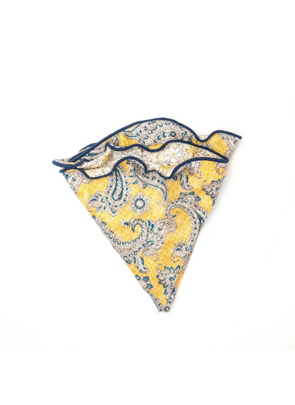 Yellow Blue Paisley/Floral Print Silk Shappe Diamante Reversible Pocket Circle