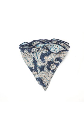 Denim/Blue Paisley/Floral Print Silk Shappe Diamante Reversible Pocket Circle 