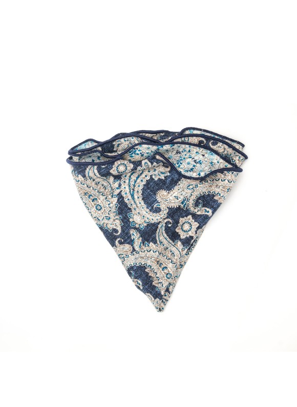 Denim/Blue Paisley/Floral Print Silk Shappe Diamante Reversible Pocket Circle