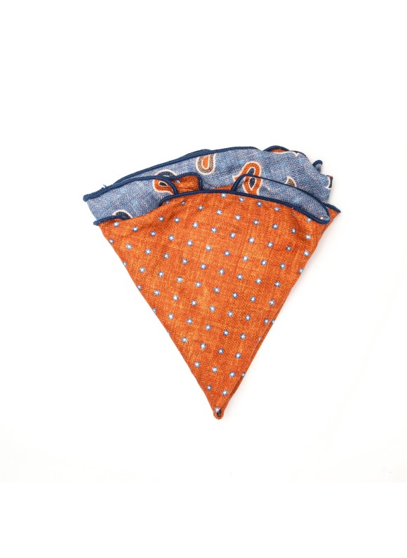 Denim/Rust Paisley/Shadowed Dots Print Silk Shappe Diamante Reversible Pocket Circle