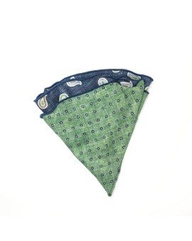Denim/Green Paisley/Shadowed Dots Print Silk Shappe Diamante Reversible Pocket Circle