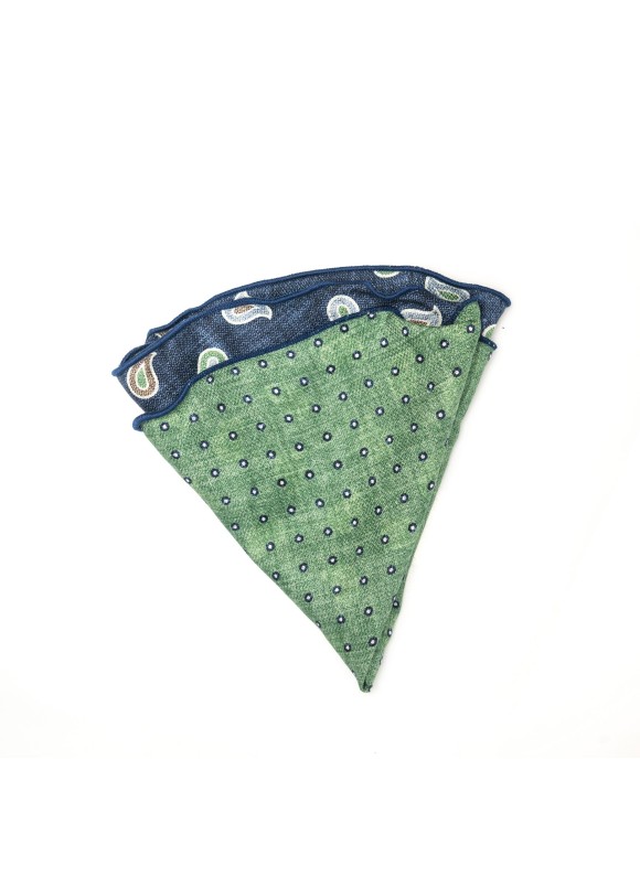 Denim/Green Paisley/Shadowed Dots Print Silk Shappe Diamante Reversible Pocket Circle