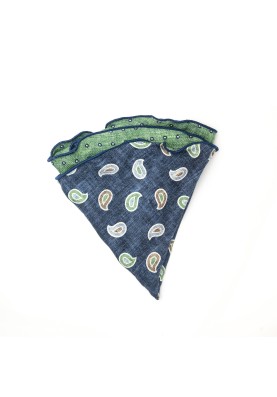 Denim/Green Paisley/Shadowed Dots Print Silk Shappe Diamante Reversible Pocket Circle 