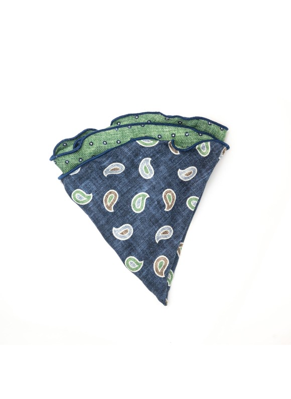 Denim/Green Paisley/Shadowed Dots Print Silk Shappe Diamante Reversible Pocket Circle