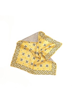 Mustard /Taupe Foulard/Houndstooth Print Reversible Pocket Square 