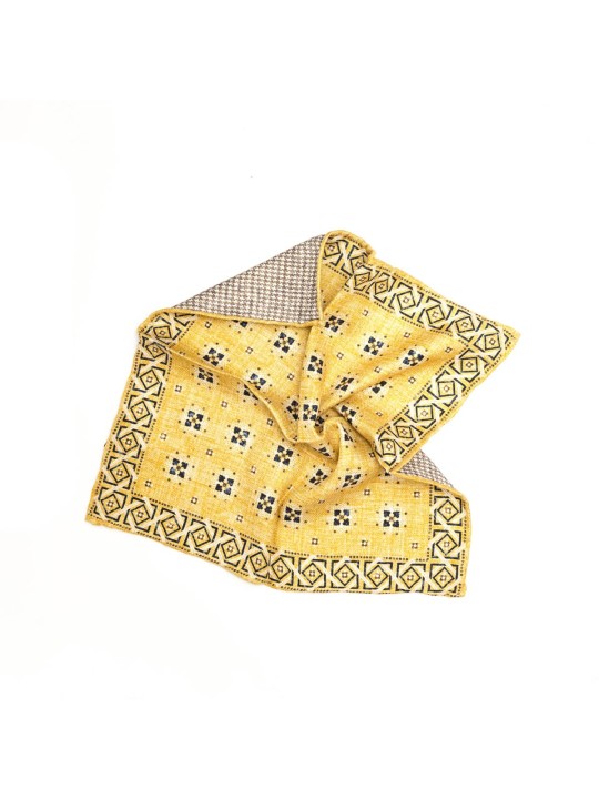 Mustard /Taupe Foulard/Houndstooth Print Reversible Pocket Square