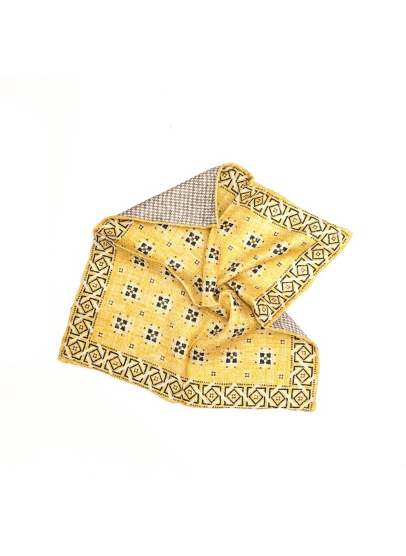 Mustard /Taupe Foulard/Houndstooth Print Reversible Pocket Square