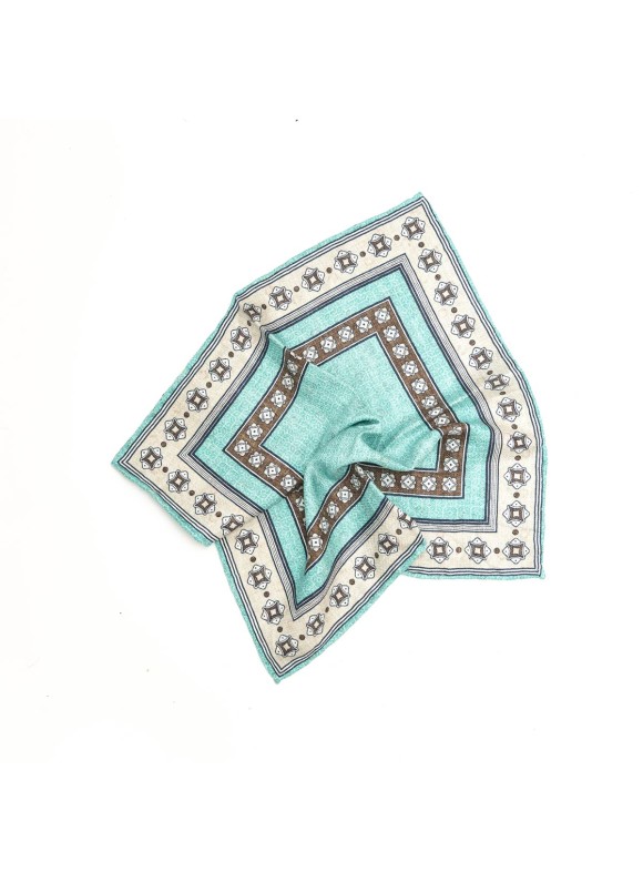 Aqua/Brown Frame Design/Horseshoe Print Reversible Pocket Square