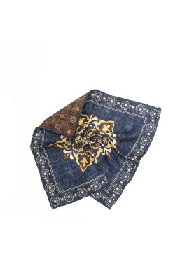 Denim/Brown Center Design/Neat Print Reversible Pocket Square 