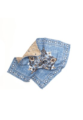 Blue/Tan Center Design/Neat Print Reversible Pocket Square 