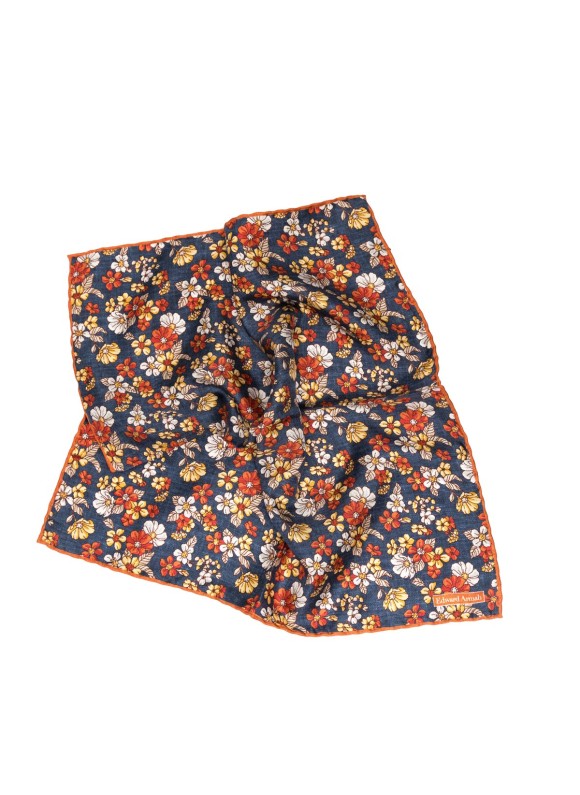 Navy/Orange Floral Print Pocket Square