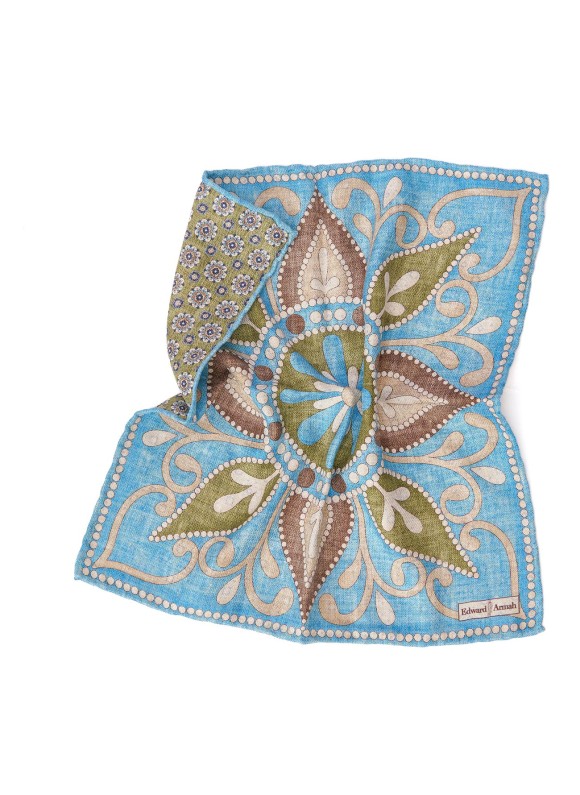Sky Large Floral Design/Medallion Neat Print Reversible Pocket Square