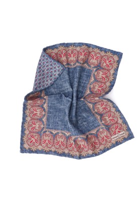 Denim Persian/Feather Print Reversible Pocket Square 