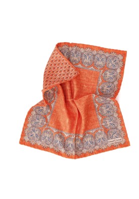 Orange Persian/Feather Print Reversible Pocket Square 