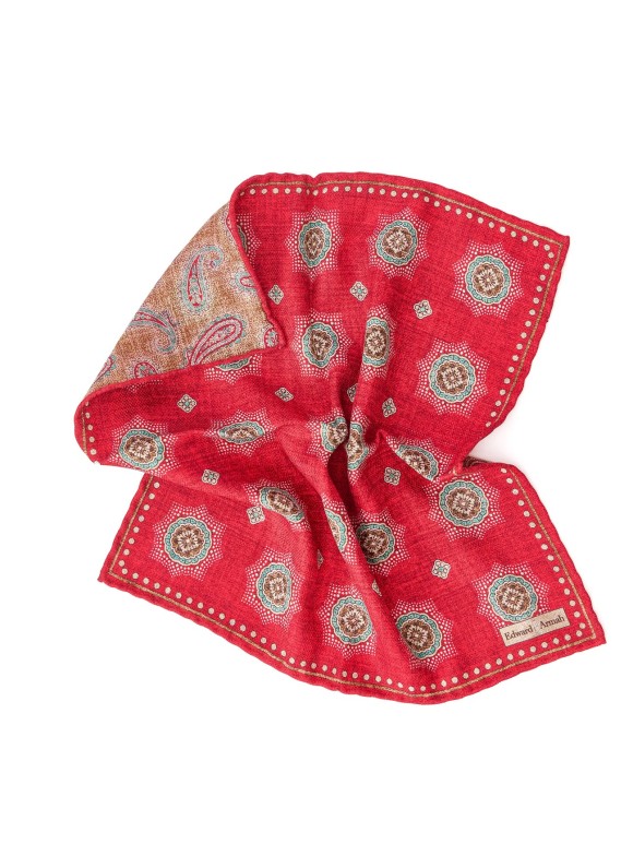 Red Medallion/Paisley Print Reversible Pocket Square
