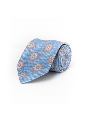 Blue Textured Floral Medallion 60% Linen/40% Silk Tie 