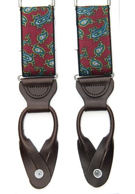 Burgundy/Navy Printed Paisley Non-Stretch, Suspenders Button Tabs, Nickel Fittings 