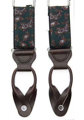 Green/Burgundy Printed Paisley Non-Stretch, Suspenders Button Tabs, Nickel Fittings 