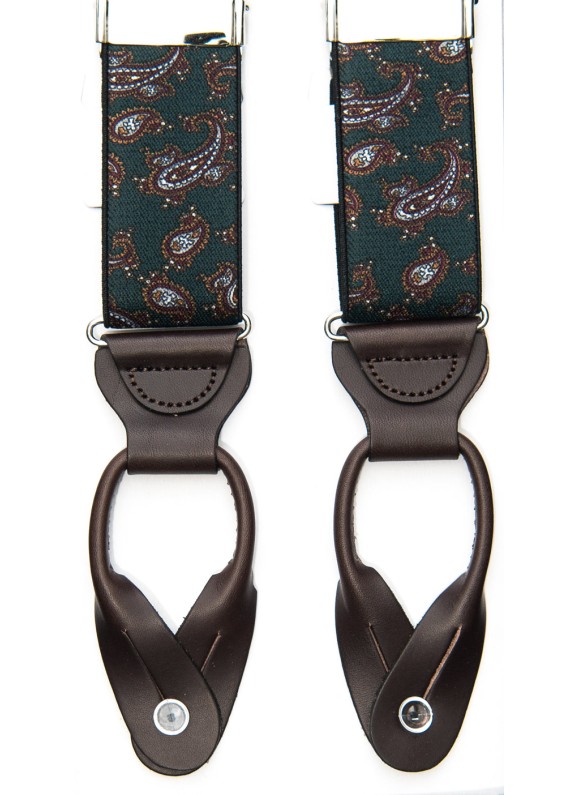 Green/Burgundy Printed Paisley Non-Stretch, Suspenders Button Tabs, Nickel Fittings