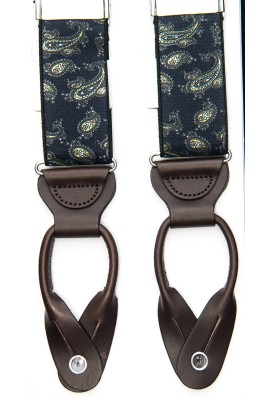 Navy/Green Printed Paisley Non-Stretch, Suspenders Button Tabs, Nickel Fittings 