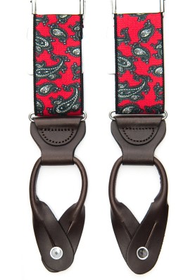 Red/Green Printed Paisley Non-Stretch, Suspenders Button Tabs, Nickel Fittings 