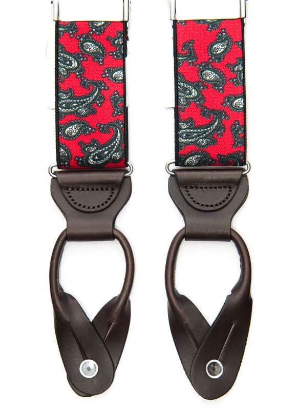 Red/Green Printed Paisley Non-Stretch, Suspenders Button Tabs, Nickel Fittings