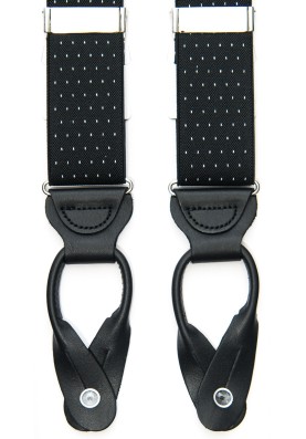 Black/White Woven Pin Dots Non-Stretch, Suspenders Button Tabs, Nickel Fittings 