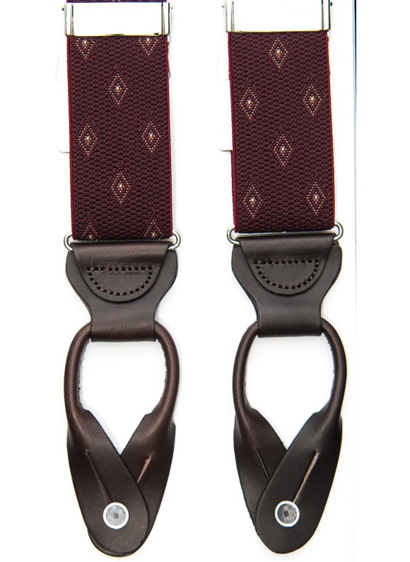 Burgundy/White Woven Pin Dots Non-Stretch, Suspenders Button Tabs, Nickel Fittings