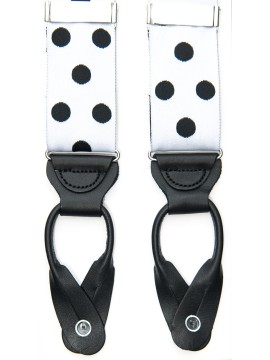 White/Black Polka Dots -  Non Stretch Ribbon Suspenders With All -Leather Button Tabs, Nickel Hardware, Nickel Fittings
