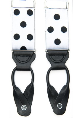 White/Black Polka Dots -  Non Stretch Ribbon Suspenders With All -Leather Button Tabs, Nickel Hardware, Nickel Fittings 