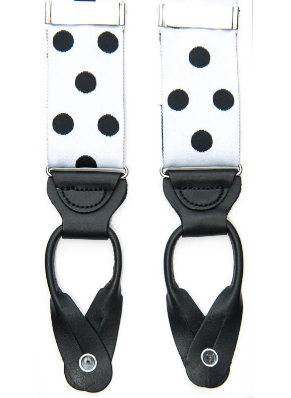 White/Black Polka Dots -  Non Stretch Ribbon Suspenders With All -Leather Button Tabs, Nickel Hardware, Nickel Fittings