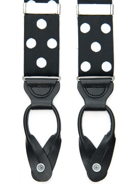 Black/White Polka Dots -  Non Stretch Ribbon Suspenders With All -Leather Button Tabs, Nickel Hardware, Nickel Fittings