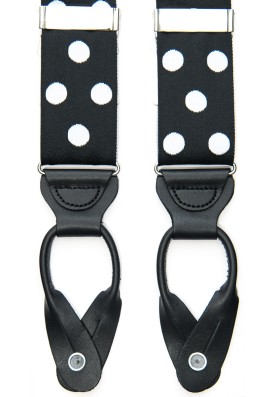 Black/White Polka Dots -  Non Stretch Ribbon Suspenders With All -Leather Button Tabs, Nickel Hardware, Nickel Fittings 