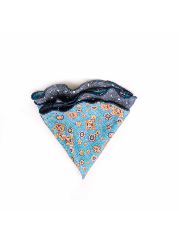 Sky Foulard/Dots Print Silk Shappe Diamante Reversible Pocket Circle