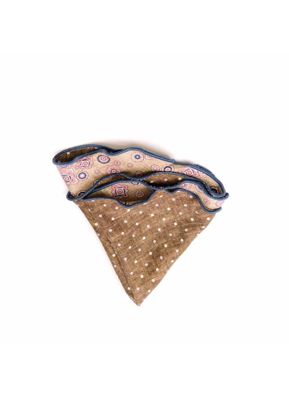 Tan Foulard/Dots Print Silk Shappe Diamante Reversible Pocket Circle