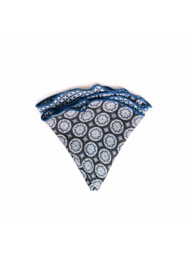 Black/Powder Blue Medallion/Check Print Silk Shappe Diamante Reversible Pocket Circle