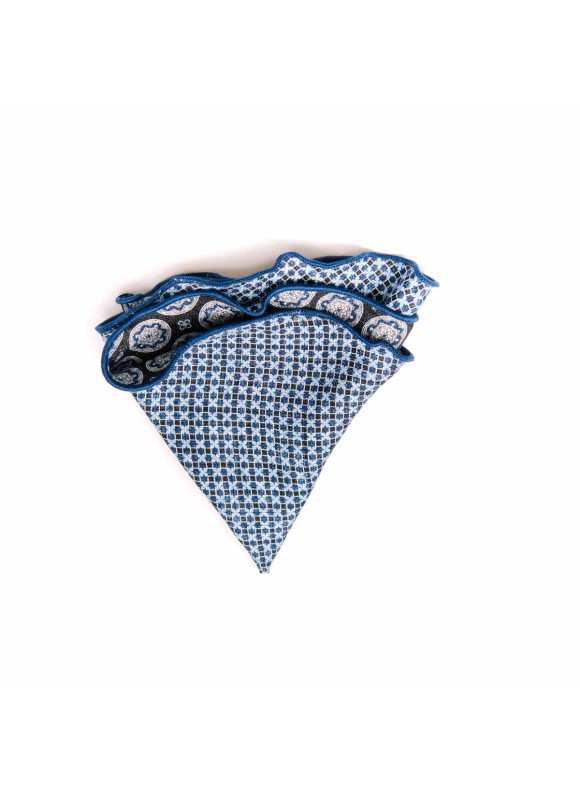 Black/Powder Blue Medallion/Check Print Silk Shappe Diamante Reversible Pocket Circle