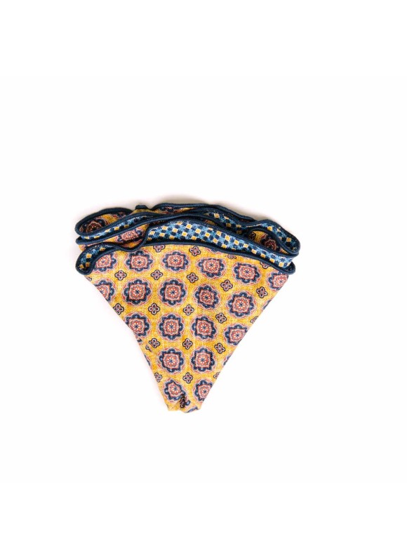 Yellow/Navy Medallion/Check Print Silk Shappe Diamante Reversible Pocket Circle