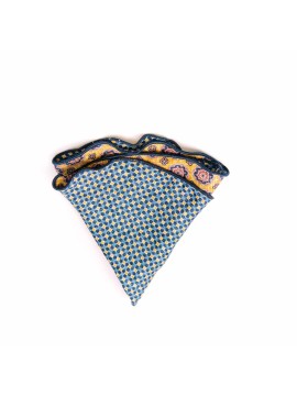 Yellow/Navy Medallion/Check Print Silk Shappe Diamante Reversible Pocket Circle