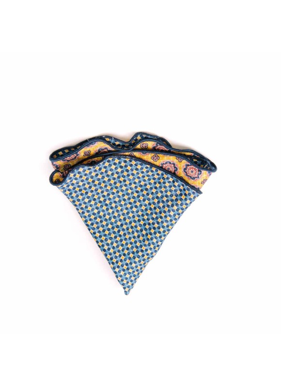 Yellow/Navy Medallion/Check Print Silk Shappe Diamante Reversible Pocket Circle