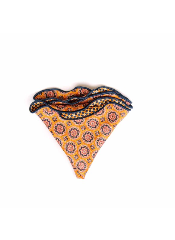 Orange/Navy Medallion/Check Print Silk Shappe Diamante Reversible Pocket Circle