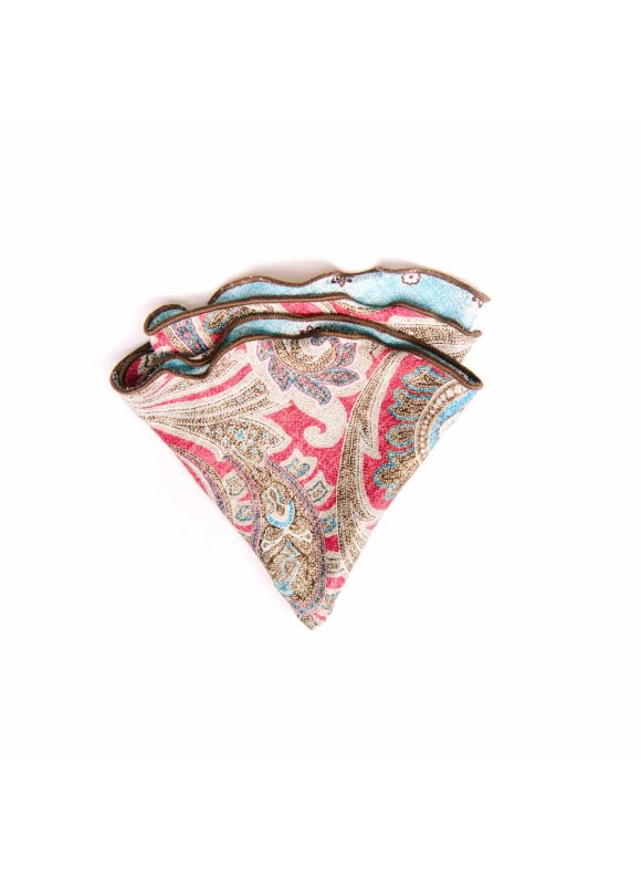 Rose/Vivid Sky Blue Paisley/Floral Neat Print Silk Shappe Diamante Reversible Pocket Circle