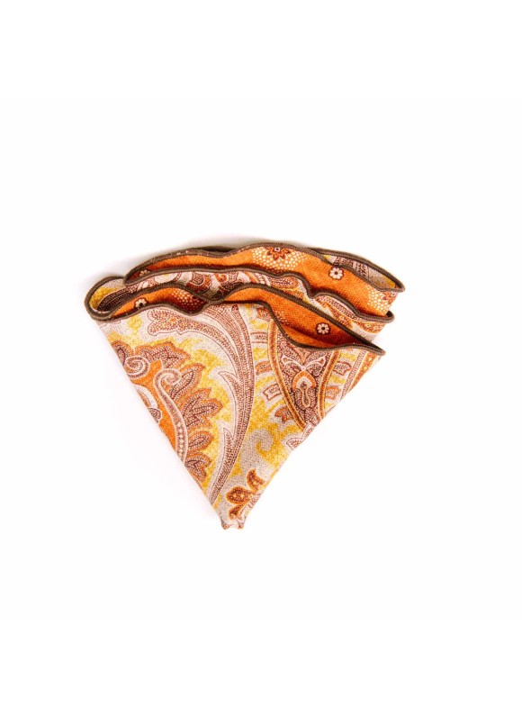 Yellow/Rust Paisley/Floral Neat Print Silk Shappe Diamante Reversible Pocket Circle