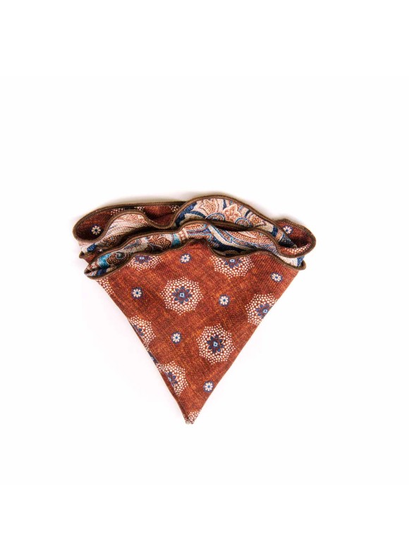 Brown/Blue Paisley/Floral Neat Print Silk Shappe Diamante Reversible Pocket Circle