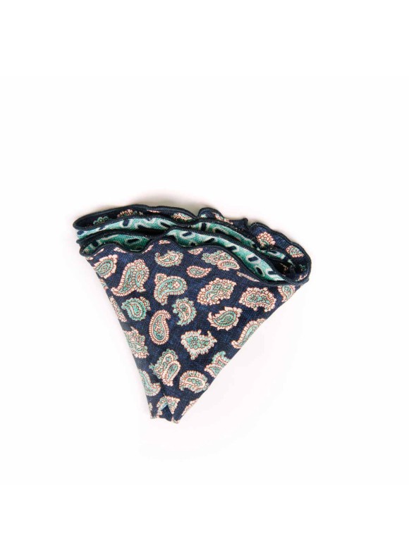 Navy/Mint Paisley Pines/Geo Print Silk Shappe Diamante Reversible Pocket Circle